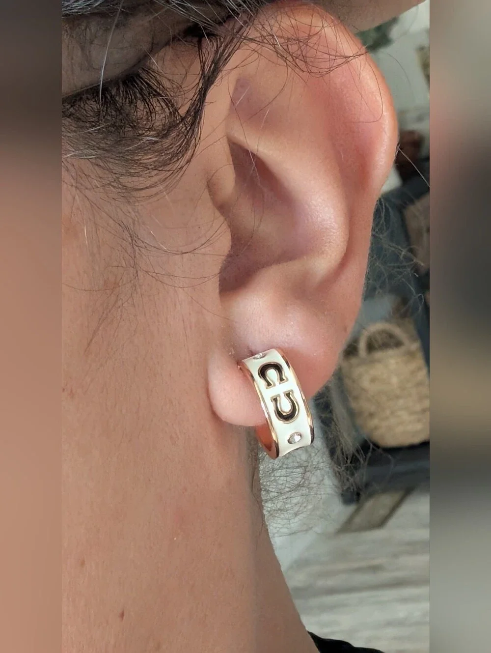 Coach Black and White Enamel Hoop Earrings with Crystal Accent Nwot - Picture 8 of 9